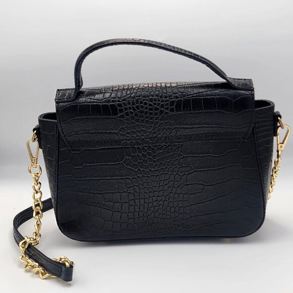 Black Croc Embossed Genuine Leather Crossbody Bag with Gold Chain Strap & Buckle - Picture 3 of 15